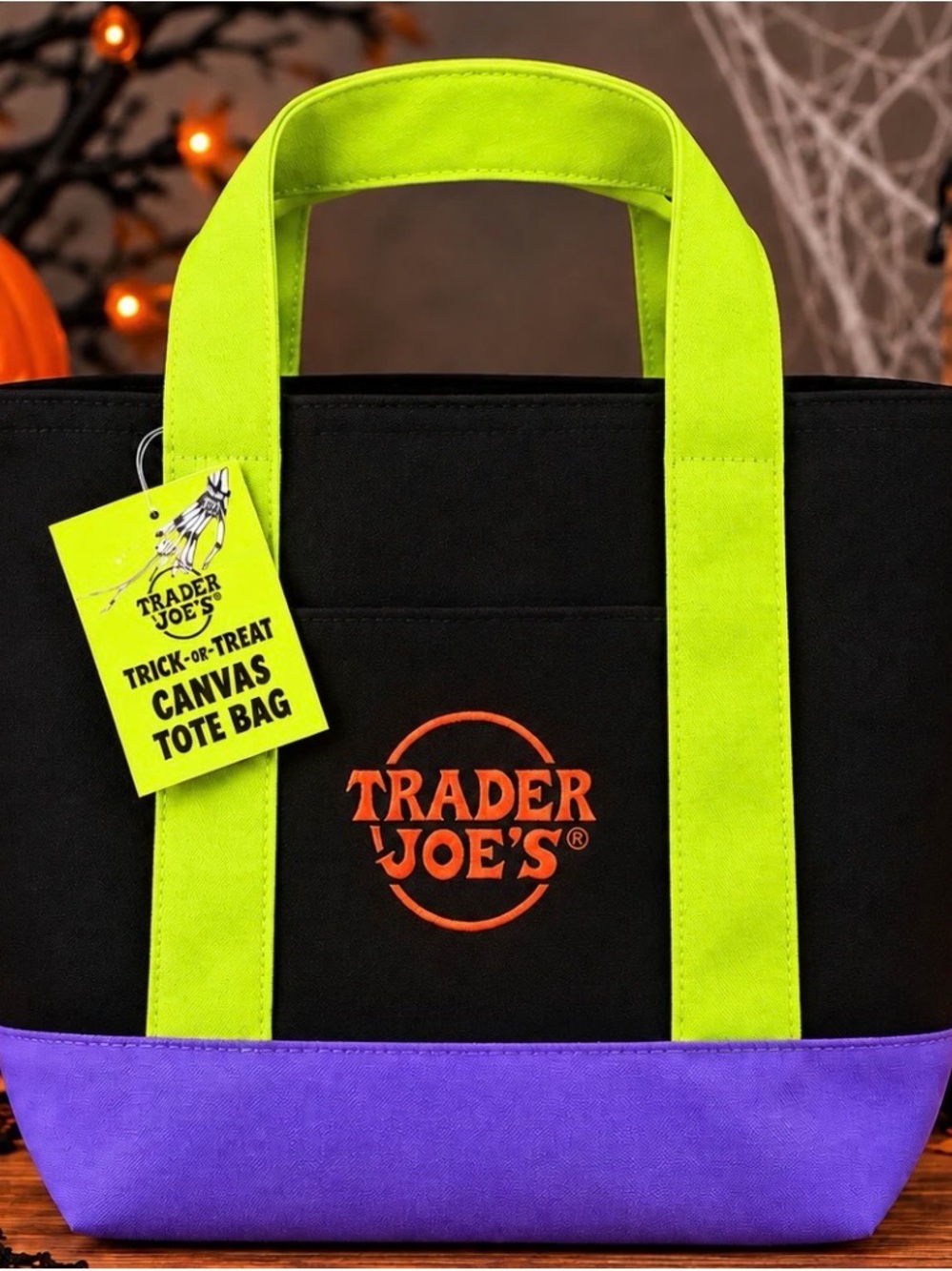 Trader Joe's Halloween Black Canvas Tote with Neon Lime Handles and Purple Base